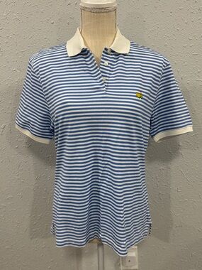 Magnolia Lane Masters Polo Shirt Women Size Medium Light Blue White Stripe